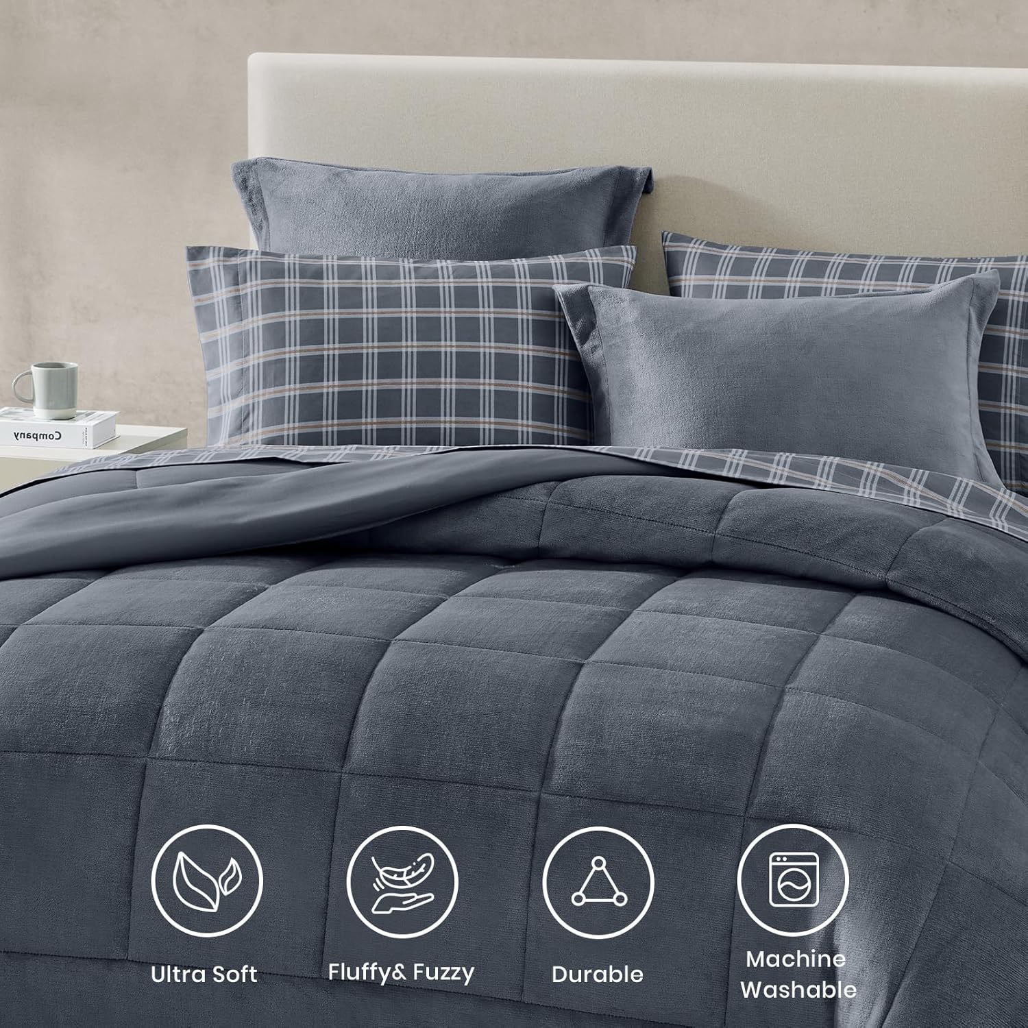 Fleece Queen Comforter Set-7 Pieces Bed in A Bag Queen,Blue Grey Plush Bedding Comforter Sets, Soft Warm Queen Comforter Set with Sheets,Comforter,Pillowcases and Shams